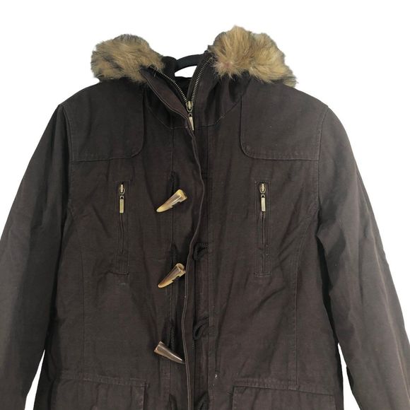 Youth Hooded Jacket, Full Zip, Quilted Liner, Brown, Horn Shaped Buttons, Size M - Picture 3 of 8